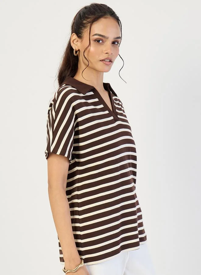 Femmella Brown Striped Knit Polo T-Shirt